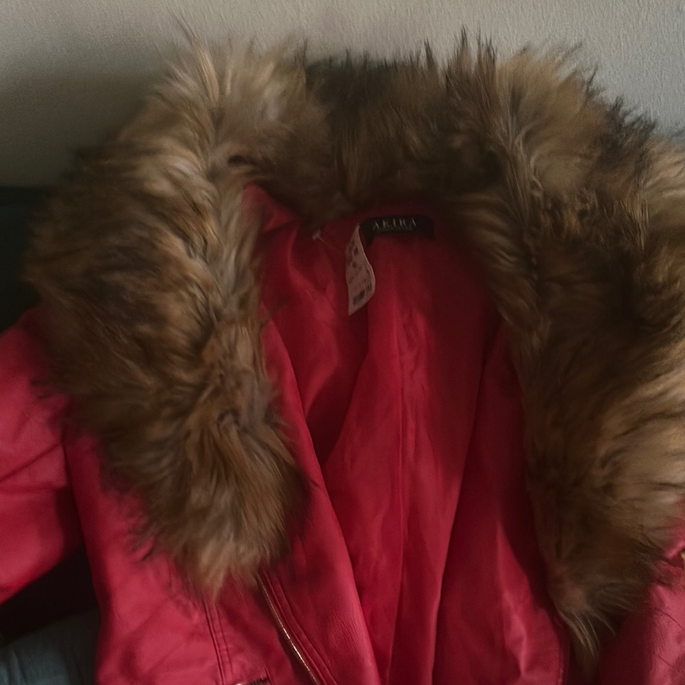 AKIRA Vibrant Red Puffer with Faux Fur Trim